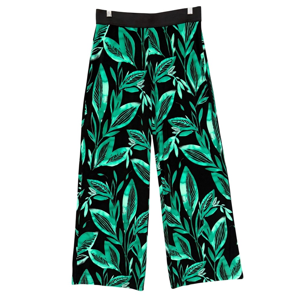 Alfani Pants Womens Small Black Green Tropical Leaf Print Wide Leg Elastic Waist